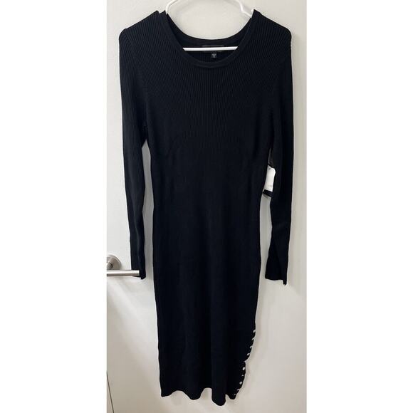 NWT GUESS Bodycon Ribbed Knit Sweater Dress Black Size XL Snaps Slit Long Sleeve - Picture 6 of 9